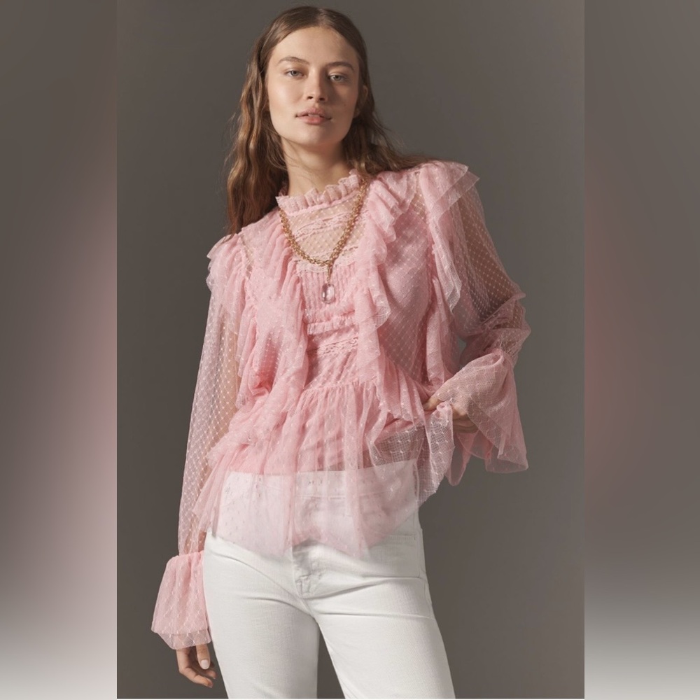 Anthropologie Pink Sheer Ruffled Swiss Dot Blouse